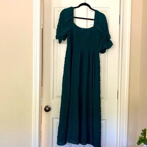 Hunter green, empire waist, ankle-length dress